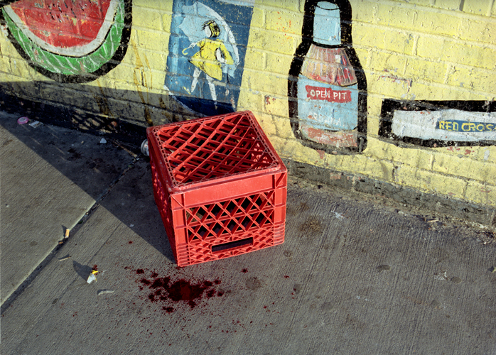 Blood stain on sidewalk from head injury to intoxicated man after scuffle with police lieutenant, Chicago, Illinois, 2000